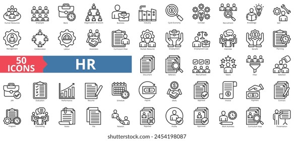 HR icon collection set. Containing employee, work, organization structure, business, industry, cycle economy, concept icon. Simple line vector.