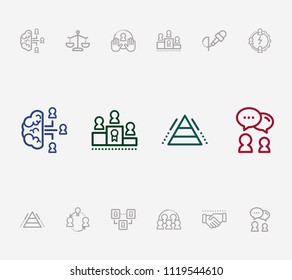 Hr icon set and team intelligence with hr flow chart, legal advice and interview. Management related hr icon vector for web UI logo design.