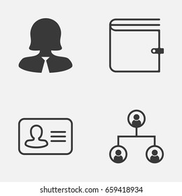 HR Icons Set. Collection Of Personal Badge, Wallet, Tree Structure And Other Elements. Also Includes Symbols Such As Employee, Tree, Female.