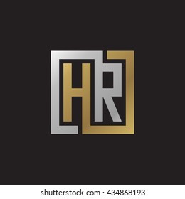 HR initial letters looping linked square elegant logo golden silver black background
