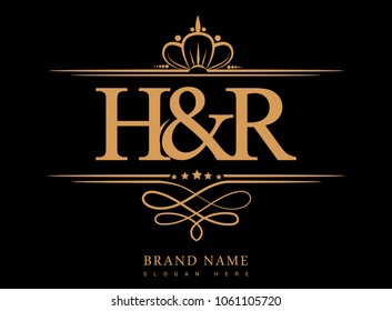 H&R Initial logo, Ampersand initial logo gold with crown and classic pattern