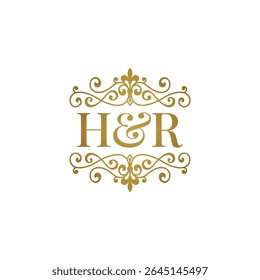 HR initials logo ornament gold. Letter HR wedding ampersand or business partner symbol