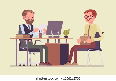 HR interview, screening, talking with a job applicant. Male recruiter holds a corporate meeting with young guy hired, reading an employee curriculum vitae, ask. Vector flat style cartoon illustration