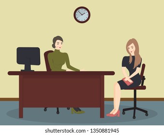 HR, interview, talking with a job applicant. Female recruiter holds a corporate meeting with young woman as a candidate to be hired, ask. Office interior.Vector flat style cartoon illustration