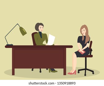 HR interview, talking with a job applicant. Female recruiter holds a corporate meeting with young woman as a candidate to be hired, reading an employee curriculum vitae,ask. Vector flat illustration
