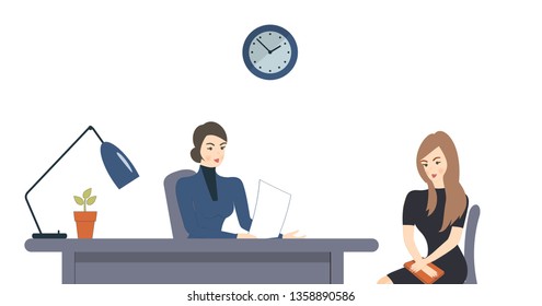 HR, interview, talking with a job applicant. Female recruiter holds a corporate meeting with young woman as a candidate to be hired, ask. Office interior.Vector flat style cartoon illustration