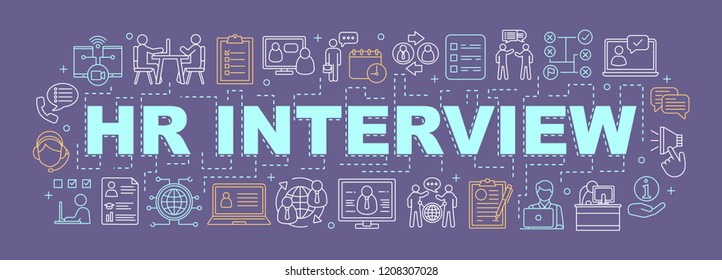 HR interview word concepts banner. Job interview. Headhunting. Emplyment. Recruitment. Presentation, website. Isolated lettering typography idea with linear icons. Vector outline illustration