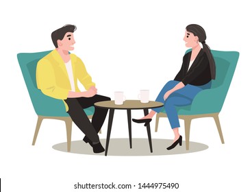 Personalberater, der mit einem Bewerber spricht. Treffen von Mann und Frau über die Einstellung neuer Mitarbeiter.Journalistin ein Interview mit Geschäftsmann. Vektorgrafik.