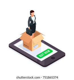 HR isometric concept. Manager in a box isolated on white background. Office worker packed in a cardboard box. Vector illustration.