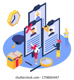 Hr isometry employee work, vector illustration. Isometric hiring to job team, business employment and human recruitment. People character look at resume design concept, flat resource.