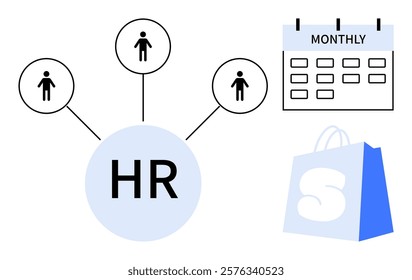 HR in large circle connected to three employee circles, monthly calendar with three marks, blue shopping bag with letter S. Ideal for human resources, employee management, scheduling, monthly