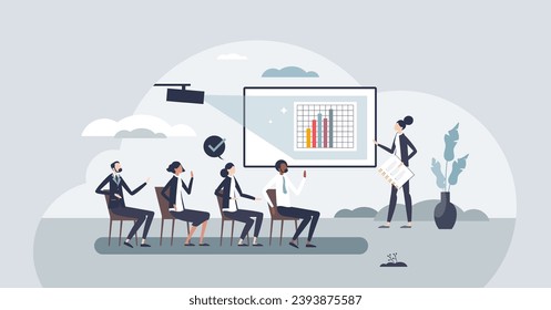 HR learning and development for employee motivation tiny person concept. Human resource presentation about sales stats and financial information vector illustration. Mentoring and teaching business.