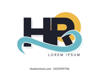 HR letter logo with ocean waves and sunset. Beach concept design