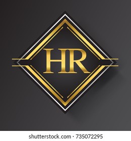 HR Letter logo in a square shape gold and silver colored geometric ornaments. Vector design template elements for your business or company identity.