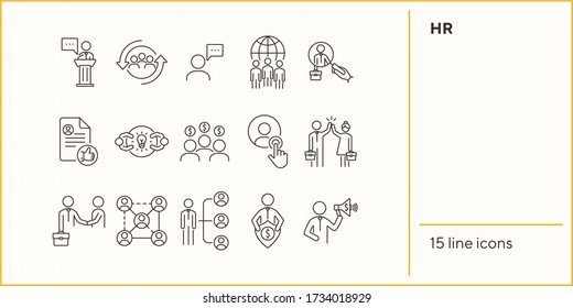 HR line icon set. CV, handshake, salary. Human resource concept. Can be used for topics like career, job, recruitment, interview