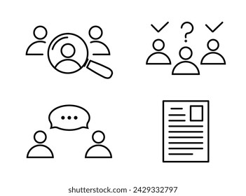 Personalzeilensymbol im flachen Stil: Symbole für Personalsuche, Mitarbeiterauswahl, Mitarbeiterprofil, Interview oder Kommunikation. Einfache abstrakte Symbole in schwarz Vektor-Illustration für Grafikdesign, Web