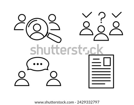 HR line icon set in flat style: Icons of personnel search, employee selection, employee profile, interview, or communication. Simple abstract icons in black Vector illustration for graphic design, web