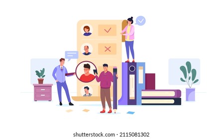 Hr list. Attract talents job, data check employees recruiting form resume candidates office policy information fill checklist test, choose employee, flat vector illustration. Employee hire talent