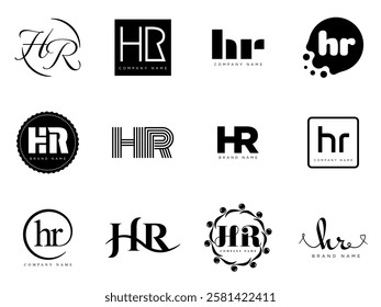 HR logo company template. Letter h and r logotype. Set different classic serif lettering and modern bold text with design elements. Initial font typography. Collection trendy business identity.