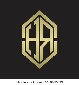 Monograma de logotipo HR con forma hexágono y estilo de división de esquema con colores dorados