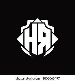 Monograma del logotipo HR con línea de protección y plantilla de diseño de 3 flechas sobre fondo negro