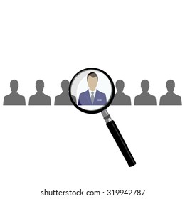 HR with magnifier looking for worker in crowd. A magnifying glass finds, selects or inspects a person in a line of people. Search  choose for employment, recognition, promotion, hire