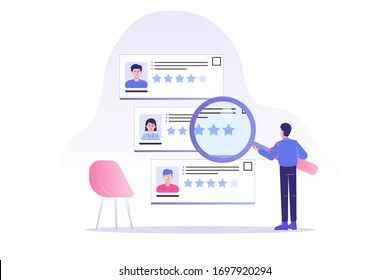 Hombre de RHH analizando y escogiendo candidatos de trabajo con lupa. Concepto de contratación, caza de cabezas y empleo. Agencia de contratación para el empleo. Aplicación CV. Ilustración web de vectores