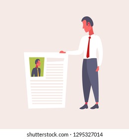 hr man holding cv form choosing resume new job vacancy curriculum vitae recruitment candidate concept male employer cartoon character full length flat