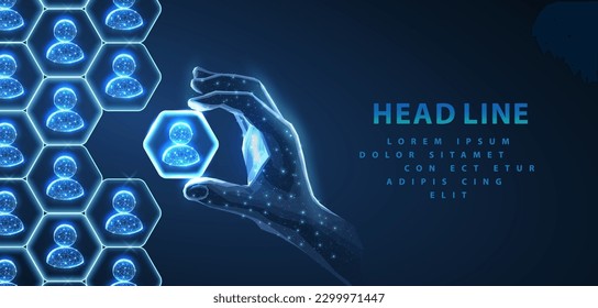 HR manage. Abstract hexagon puzzle with human icons and hand. Manage human resurse, team leader, recruitment process, change personnel, teamwork, company structure, career growth, leadership concept