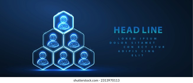 HR manage. Abstract pyramid of hexagons with people icons and leader on top. Manage human resource, team leader, recruitment process, change personnel, career growth, HR leadership concept