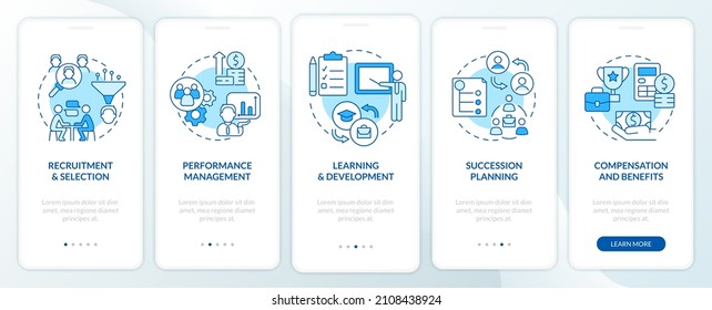 HR management basics blue onboarding mobile app screen. Recruitment walkthrough 5 steps graphic instructions pages with linear concepts. UI, UX, GUI template. Myriad Pro-Bold, Regular fonts used