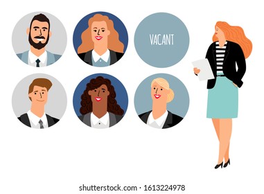 HR management. Business woman finding workers. We are hiring vector concept