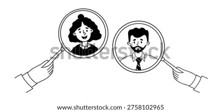 HR Management Choosing Between Male and Female Candidates for Employment with Magnifying Glass. Outline Doodle hand-drawn. Vector illustration