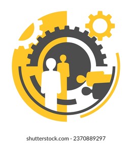 HR management company concept - Human resources, circular emblem - people with gears. Yellow and gray colors