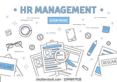 HR Management Concept Line Illustration. Workplace With Documents.
