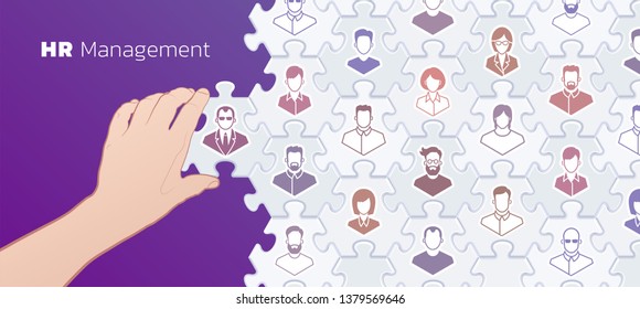 HR Management. Female hand collecting hexagonal pieces of a jigsaw puzzle with pictograms of people pictured on them. Vector illustration on the subject of 'Business Success'.
