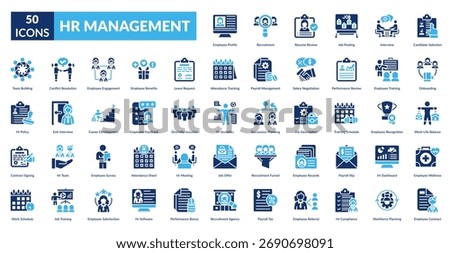 Hr Management Fill Icon Set. Employee Profile, Talent Acquisition, Resume Evaluation, Job Advertisement, Interview Process, Candidate Selection, New Hire Onboarding