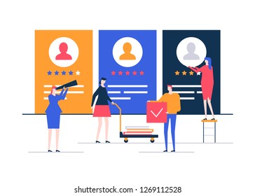 HR management - flat design style colorful illustration on white background. High quality composition with male, female managers choosing best candidate, looking at CV, resumes, ratings of applicants