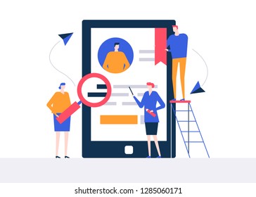 HR management - flat design style colorful illustration on white background. High quality composition with male, female managers choosing the best candidate, looking at CV, resume on smartphone screen