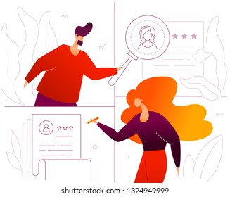 HR management - flat design style colorful illustration on white background. High quality composition with male, female managers choosing the best candidate, looking at CV with a magnifying glass