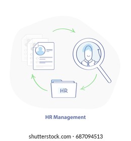 HR Management, flat line illustration concept of human resources management, recruiting and job candidates search, research on CV and resume of applicants. Isolated vector, business edition.