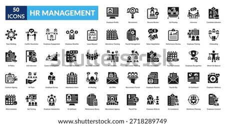 Hr Management Glyph Icon Set. Employee Profile, Talent Acquisition, Resume Evaluation, Job Advertisement, Interview Process, Candidate Selection, New Hire Onboarding
