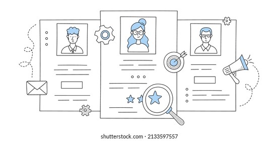 HR management, hiring employees, search team members. Vector doodle illustration with people CV, choosing resume of men and women candidates for job. Business human resources, recruitment concept