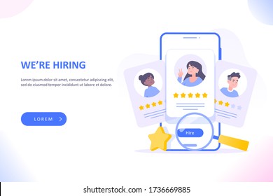 HR management, hiring and recruitment concept. People selecting candidates or freelancers. Human resource managers looking for employees for companies. We are hiring concept, vector illustration