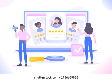 HR management, hiring and recruitment concept. People selecting candidates or freelancers. Human resource managers looking for employees for companies. We are hiring concept, vector illustration