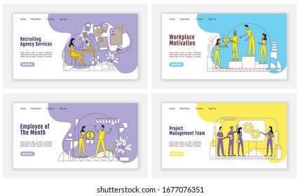 HR management landing page flat silhouette vector template. Recruitment agency homepage layout. Employment service one page website interface with cartoon outline character. Hiring web banner, webpage