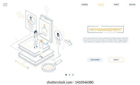 HR Management - Line Design Style Isometric Web Banner On White Background With Copy Space For Text. A Header With Male, Female Managers Choosing The Best Candidate, Looking At CV On Smartphone Screen