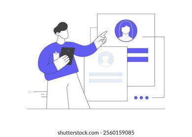 HR management. Looking for new employees. Man with candidate search. Looking at job candidate profiles. Headhunting, recruitment to company.  Flat Cartoon Vector Illustration, icon. Stylish abstract