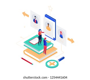 HR management - modern colorful isometric vector illustration on white background. High quality composition with male, female managers choosing the best candidate, looking at CVs on smartphone screen