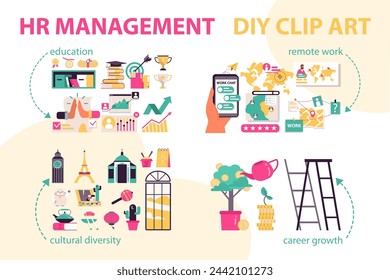 HR management set. Comprehensive employee education visuals. Diverse work culture and remote working icons. Career progression and achievement graphics. Vector illustration.